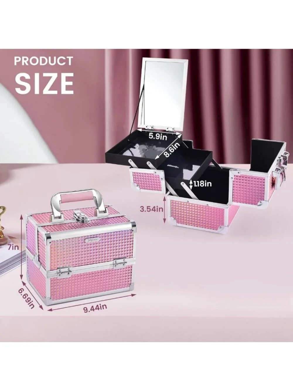 Portable Makeup Organizer with Mirror | Cosmetic Train Case, 2 Trays, Locking